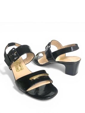 Salvatore Ferragamo Black Patent Leather Heeled Sandals Women’s Size 7.5